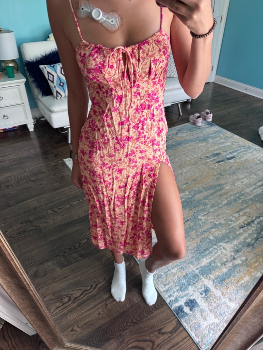 Motel Rocks Pink & Cream Floral Midi Slip Dress with Side Slit